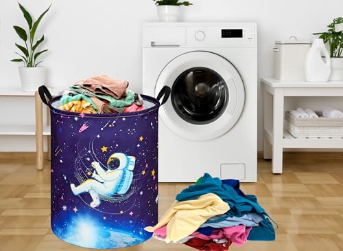 Image of Collapsible Kids Laundry Basket Clothes Hamper, Foldable Storage Organizer Bin, Toy Clothes Storage with Handles for Boys Girls Bedroom, Room Decor Astronaut