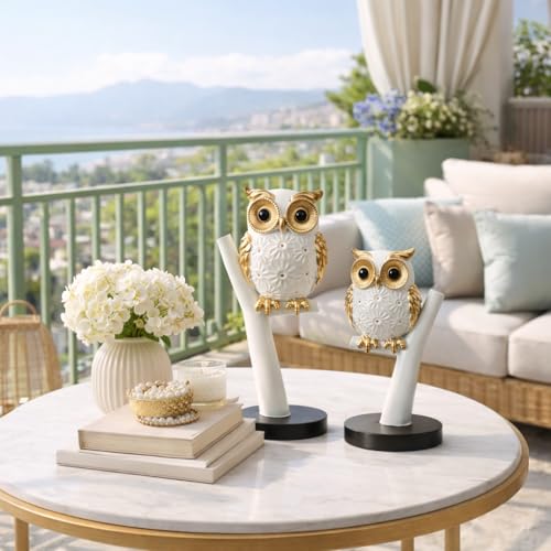 Image of Xtore 2 pc Decorative Owl Handicraft Figurine with Metallic Gold Accents for Home & Office Decor - Pack of 2