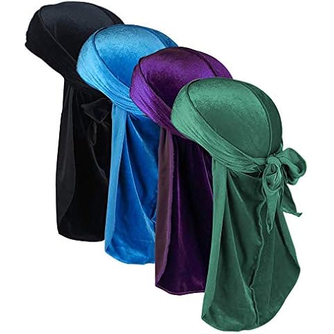 Velvet Durags for Men Waves 2/4 Pair Extra Long-Tail Du-rag Multiple Colors Du rags for Waves(Durag Velevt-Black+RoyalBlue+Army Green+Purple,4 Pair, One Size Fit Most) Cover