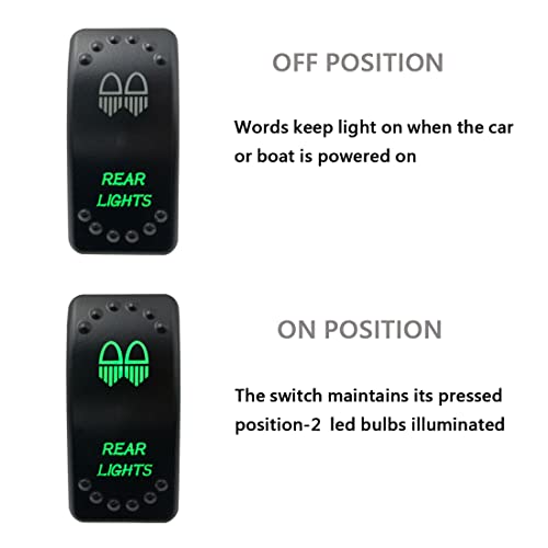 Image of Green Backlit Rocker Switch 5 Pin ON-Off Laser Etched Button Switch with Wires for Car Marine Boat UTV 20A /12V 10A /24V (Rear Lights)