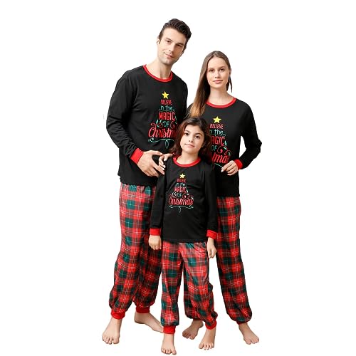 Sangdut Christmas Matching Family Pyjamas Set, Holiday Long Sleeve Christmas Tree Top with Plaid Pants Xmas Pjs Set for Women/Men/Couples (Women,M)