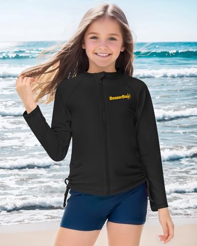 Image of BesserBay Big Girls Long Sleeve UPF 50+ Black Orange Ruched Side Surfing Shirt Zipper Quick-Dry Rashguard 13-14 Years