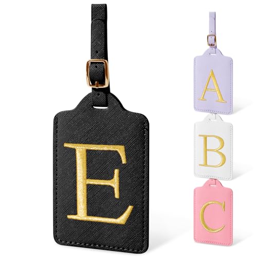 Image of Initial Luggage Tags for Suitcases, Cute Embroidered Letter Luggage Bag Suitcase Identifier Name Baggage Tag, PU Leather Travel Luggage Tags, Bag Tags for Men Women Kids Luggage Handbags(Black E)