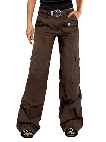 Flamingals Women Mid Rise Straight Leg Pants Solid Stitch Detail Flap Pocket Without Belt Casual Comfort