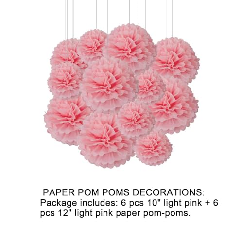 Image of 12pcs Light Pink Paper Pom Poms Decorations for Party Ceiling Wall Hanging Tissue Flowers Decorations - 1 Color of 12 Inch, 10 Inch