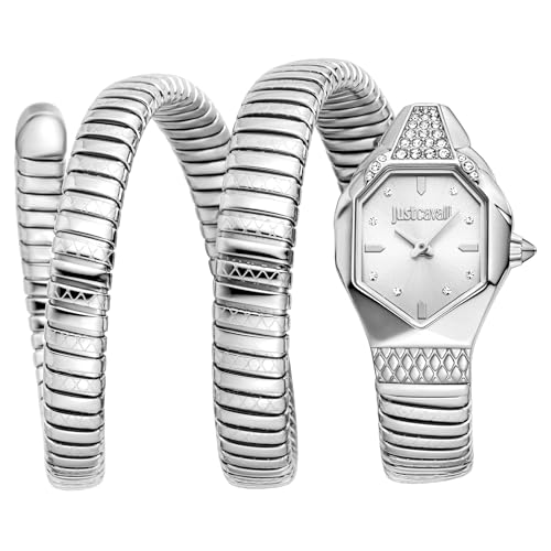 Just Cavalli Signature Snake Ambra - Montre Bracelet à Quartz pour Femme à la Mode Bracelet et boîtier en Acier Inoxydable de Couleur Gris Cadran analogique...