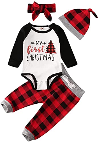 Image of DuAnyozu Newborn Infant Baby Boy Girl 1St Christmas Outfit Raglan Romper Onesie Buffalo Plaid Pants Hat Winter Clothes Set