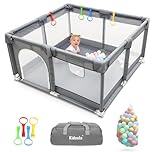 Kidoola Baby Playpen with Padded Frame & Mesh Walls, Balls & Pull Rings Included, for Indoor & Outdoor Use, Toddler Fence - Breathable Mesh, Extra Large Play Yard for Babies (127x127x65cm) (Grey)