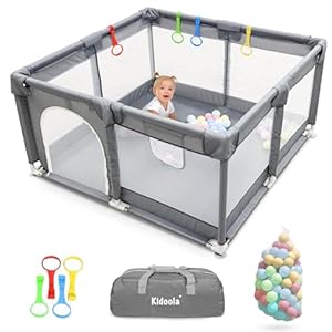 Kidoola Baby Playpen with Padded Frame & Mesh Walls, Balls & Pull Rings Included, for Indoor & Outdoor Use, Toddler Fence – Breathable Mesh, Extra Large Play Yard for Babies (127x127x65cm) (Grey)