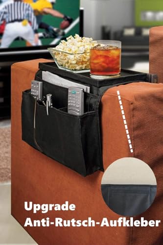 Sofa Armrest Organizer with Cup Holder No-Slip Couch Sofa Armrest Organiser Couch Remote Caddy Control Holder with 1 Large Pockets and 3 Small Pockets for TV Remotes Cellphone Magazines Drinks (Black)