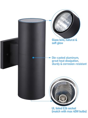 Image of LEONLITE 2-Pack 12 inch Outdoor Cylinder Wall Light, Up and Down, E26 Base | Modern Porch Patio Lights, Waterproof Wall Sconce, Exterior Light Fixture Wall Mount, Aluminum, Matte Black, ETL Listed