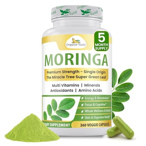 Organic Veda Moringa Capsule - True Green Single Origin Moringa Leaf Powder Organic Superfood - Premium Strength Miracle Tree Nutrients Vitamins Antioxidants Dense Tender Leaves (360 Capsules)