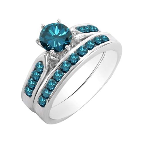 Dazzlingrock Collection 1.00 Cttw 14k Solid Gold Round Blue Diamond Womens Bridal Engagement Ring Set with Matching Band
