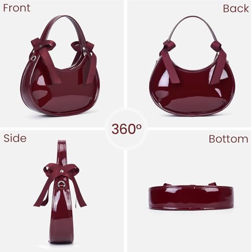 Image of Small Purse for Women Burgundy Clutch Purse Patent Leather Shoulder Handbag | Small Crossbody Purse with Bow Decoration