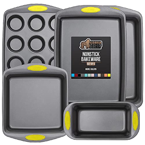 Gorilla Grip Backwaren-Sets, Antihaftbeschichtung, robuster Karbonstahl, 5-teiliges Küchen-Backset, Silikongriffe, Keksblech, Ofenbräter, quadratische Backform, Kastenform, 12 Muffinform, Gelb Cover