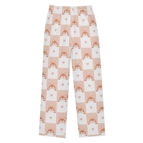 Fox Plaid Print with Love Boys Long Pants Soft Trousers Elastic Waist Kids Lounge Bottoms with Pockets S-XL