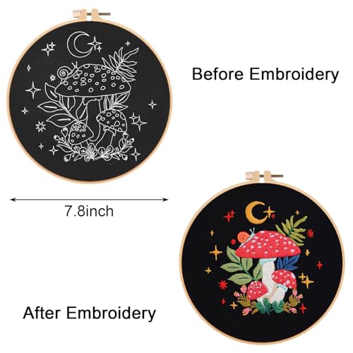Image of Nuberlic Mushroom Embroidery Kits for Beginner Adults Cross Stitch Kit with Stamped Pattern Include Cloth Hoops Threads Needles