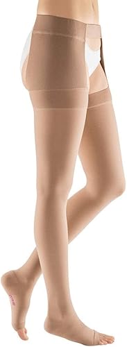 mediven Plus para hombres y mujeres, 30-40 mmHg, altura hasta el muslo con accesorio, izquierdo, puntera abierta, beige, II