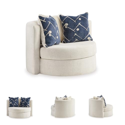 Signature Design by Ashley Padova Transitional Upholstered Swivel Accent Chair, Reversible Seat Cushion, 3 Complimentary Accent Pillows, 360-Degree Swivel, Ivory Fabric