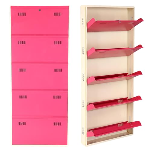Image of Metal Shoe Rack Wall Mounted for Home with Central Locking 5 Door 28 inch Wall Mounted Metal 15 Pair Shoe Rack Cabinet Pre-Assembled Rack Shelves 3 Year Warranty (Pink & Ivory)