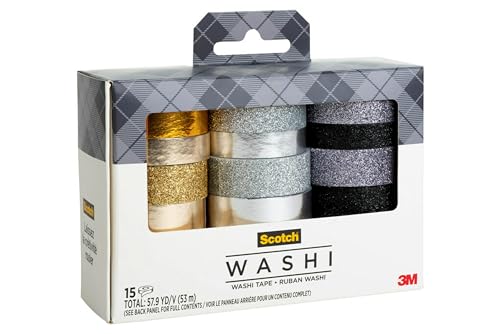 Image of Scotch Washi Tape, Glitter Metallic Design, 15 Rolls, Great for Bullet Journaling, Scrapbooking and DIY Decor (C1017-15-P6)