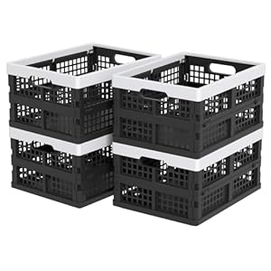 Afromy 15 Litre Folding Plastic Stacking Storage Crates Box, Collapsible Storage Stackable Basket, Pack of 4