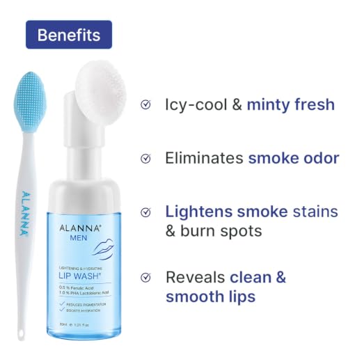 Image of ALANNA Lip Wash for Men | Advanced Foaming Lip Scrub & Exfoliator for Dry, Dark & Lip Pigmentation | Remove Chapped Lips & Sun Tan | 1% PHA & .5% Ferulic Acid - Brightening Lip Care for Smokers, 30ml