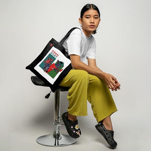 Image of ZORI Black Tote Bag With Pocket Printed Designed Canvas Tote Bags For Women large capacity,Tote bag For Shopping, College, Travel, More Canvas Handbag For Unisex Bag