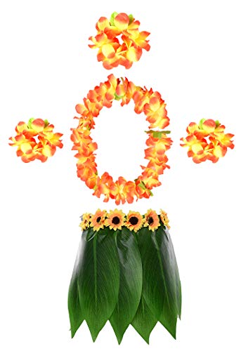 KEFAN Leaf Hula Skirt and Hawaiian Leis Set Grass Skirt with Artificial Hibiscus Flowers for Hula Costume Party (A)