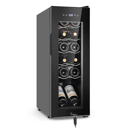 Image of Tylza 12 Bottles Wine Fridge, Wine Cellar with Powerful Compressor, LED Touchscreen, Low-E Tempered Glass Door, Lock, Wine Cooler Refrigerator for Red, White, Champagne or Sparkling Wine, Black