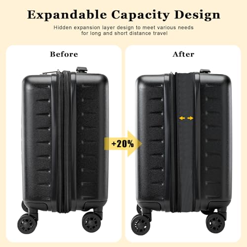 16 Inch Carry On Luggage Airline Approved, Expandable Lightweight ABS+PC Hard Shell Suitcases with 360° Spinner Wheels, TSA Lock, YKK Zippers (Black)2