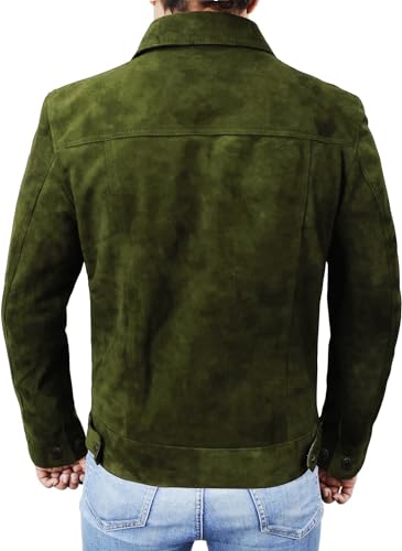 Image of Mens Premium Brown Suede Leather Trucker Jacket - Vintage Classic Motorcycle Western Goat Leather Coat