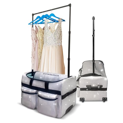 Dance Duffle Bag with Garment Rack 28" – Silver Glittering Rolling Dance Competition Bag for Shows, Travel and Performances – Collapsible Dance Suitcase with Portable Trolley and Storage Pockets