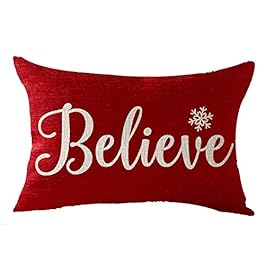 Happy Winter Snowflakes Believe Merry Christmas Throw Pillow Cover Cushion Case Cotton Linen Material Decorative Lumbar 12X20 inches