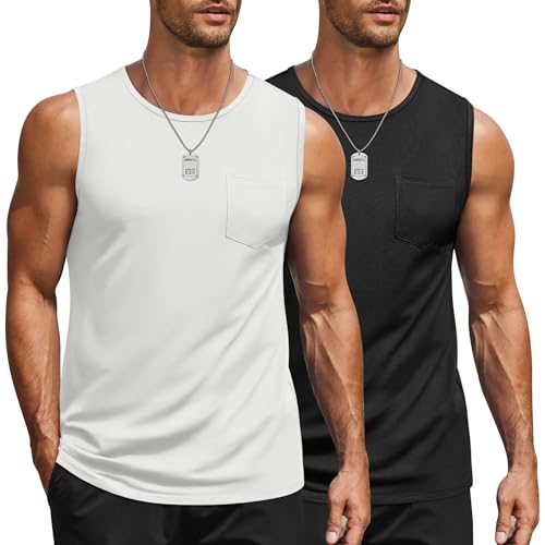 COOFANDY Men's Casual Tank Tops Quick Dry Sleeveless Shirts Cotton Pique Summer Shirt 2 Pack Muscle Tee,Black/White,X-Large
