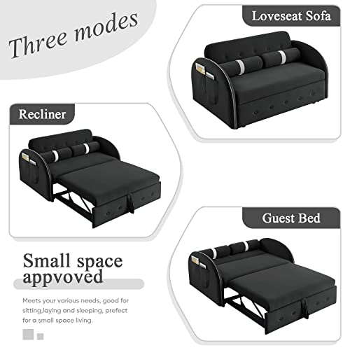 Sleeper Sofa Couch Bed, 55.5" 3 In 1 Velvet Convertible Loveseat Sleeper With Pullout Bed, Small Love Seat Futon Sofa W/Adjustable Backrest, Cylinder Pillows & Pockets For Living Room Bedroom, Black #TOP5