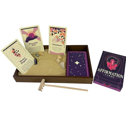 Wooden Zen Garden with Daily Affirmation Cards for Women and Men | Desert Luxe Sand with Rake & Amethyst Wand | Affirmations for Mindfulness, Meditation, and Inspiration | Beautiful 52 Card Deck