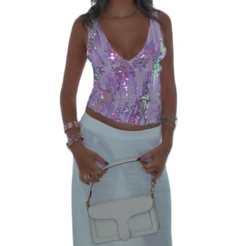 Women's Y2K Sequin Cami Top Sparkle Glitter Sleeveless Party Club Crop Tank Tops Sexy Concert Disco Going Out Vest (B-Pink, S)