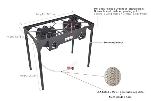 COOKAMP High Pressure Double Propane Burner Outdoor Camping Stove with 0-20 PSI Adjustable Regulator and Steel Braided Hose (Two Burner Stove) - Image 5