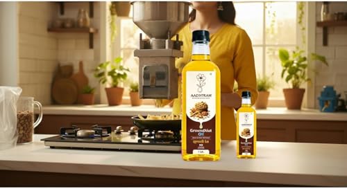 Image of Aadhiram Pure Groundnut Oil | Edible Cooking Oil | Premium Peanut Oil for Daily Cooking Frying Sauteing Roasting and Tempering | Light Texture Natural Aroma | PET Bottle 500ml (Pack 1)