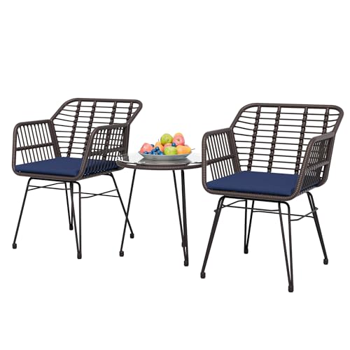 Qsoer 3 Pieces Wicker Patio Bistro Furniture Set, Outdoor Conversation Set with 2 Chairs and Glass Top Table, Ideal for Backyard, Balcony, Porch, Blue