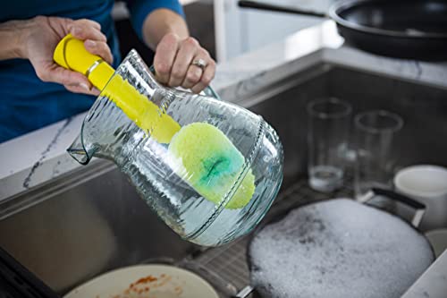 Image of Scrub Daddy Dish Wand, Soap Dispensing Dish Brush, Texture Changing Washing Up Sponge with Liquid Handle, Built-in Scraper & Detachable Scrubbing Head, Drip Stand, Yellow