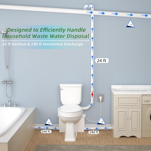 Image of Macerating Toilet Upflush System for Basement Bathroom, Complete Macerating Toilet Kit with 4 Inlets, Toilet Bowl, Water Tank, Soft Close Seat & Extension Pipe, for Sink Shower Kitchen