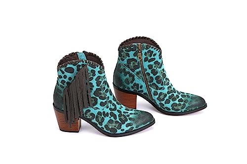 M Women's Tassels Cattle Leather Leopard Prints Western Cowgirl Short Boot4