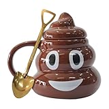 17oz Poop Ceramic Coffee Mugs with Golden Spoons, Brown Poop Shaped Ceramic Cup, Funny & Unique Gift Idea (Smile Cup)