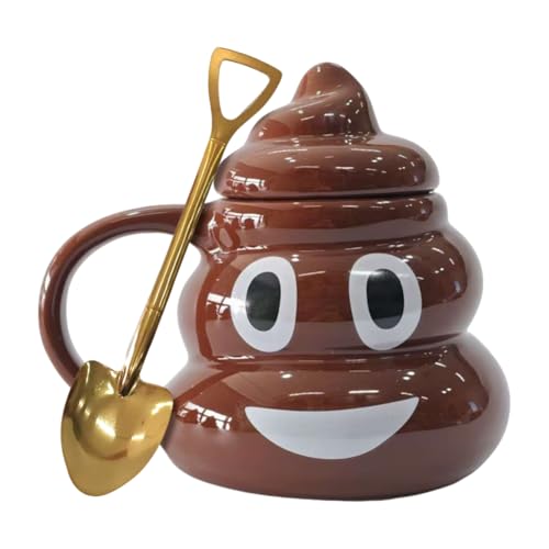 17oz Poop Ceramic Coffee Mugs with Golden Spoons, Brown Poop