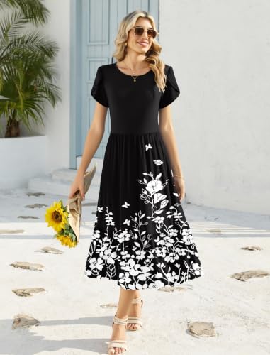 Image of Zeagoo Women Summer Midi A Line Dress Short Sleeve Casual Flowy Tiered Beach Long Sundress with Pockets 2026 Vacation Travel
