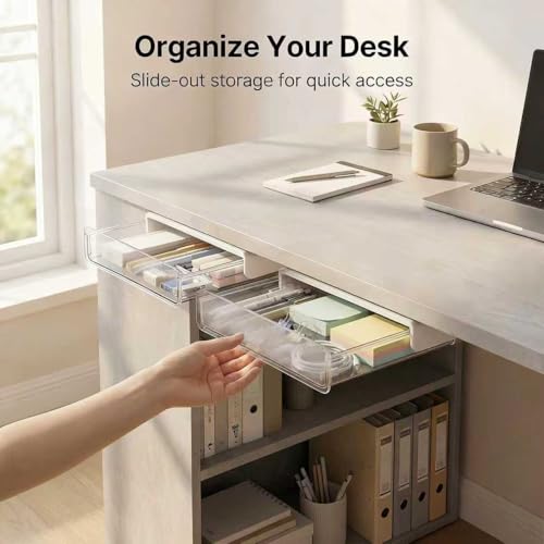 Self-adhesive Under Desk Drawer Organizer, 2 Pack Table Hidden Slide Out Large Storage Mounted Desktop Pencil Holder Tray Drawers for Office Home School Stationery Kitchen (Large,  image 1