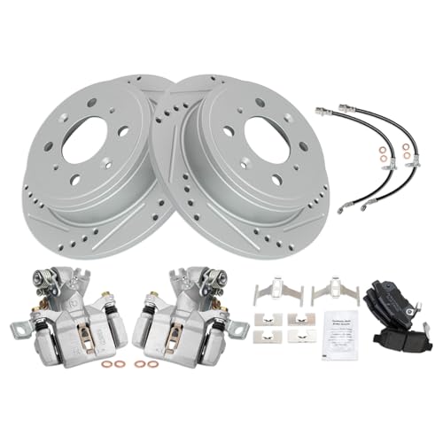 Image of TRQ Performance Rear Brake Pad and Rotor Set Semi Metallic Drilled Slotted G Coated Rotors Calipers Compatible with 1994 Acura Integra