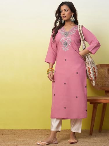 Image of Women's Embroidered Silk Straight Kurta Kurti | Below Knee Kurtas for Women Traditional Indian Wear Outfit Suitable Casual Festive Office Styling